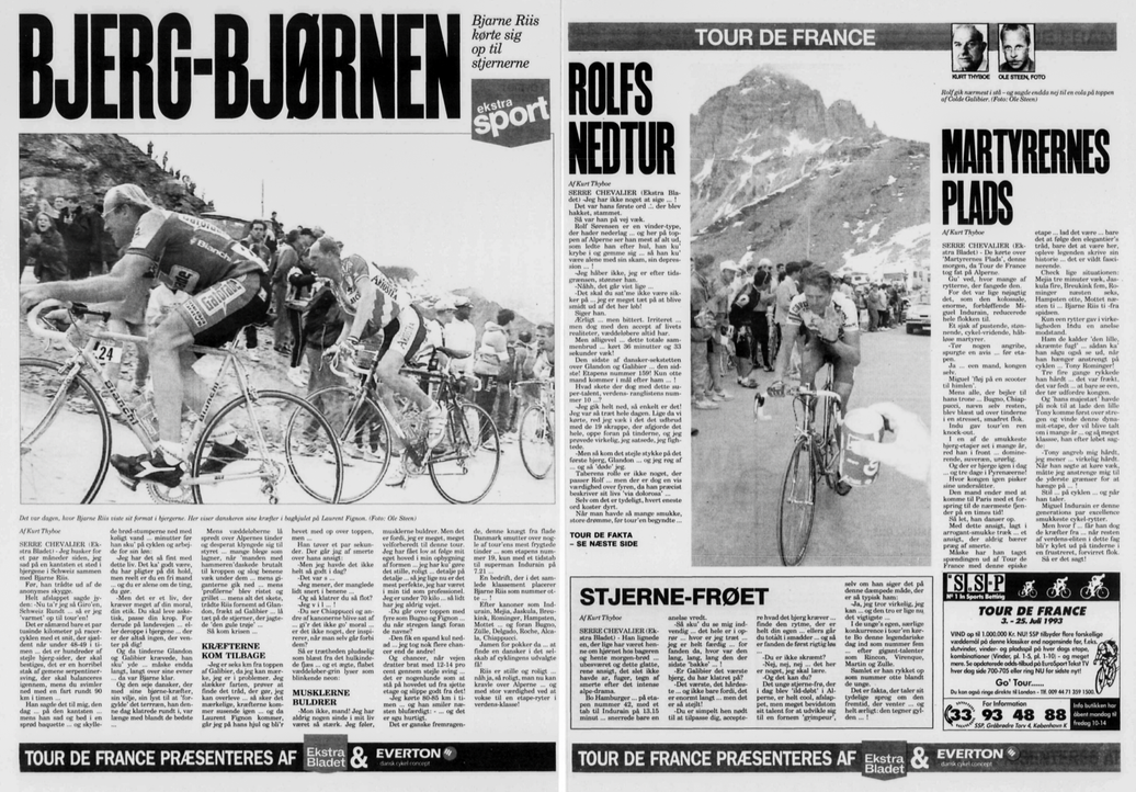 Cyclist Bjarne Riis and Laurent Fignon, Serre Chevalier Tour de France, Perpignan 15 Juli 1993.  © Photo: Ole Steen/Scanpix 